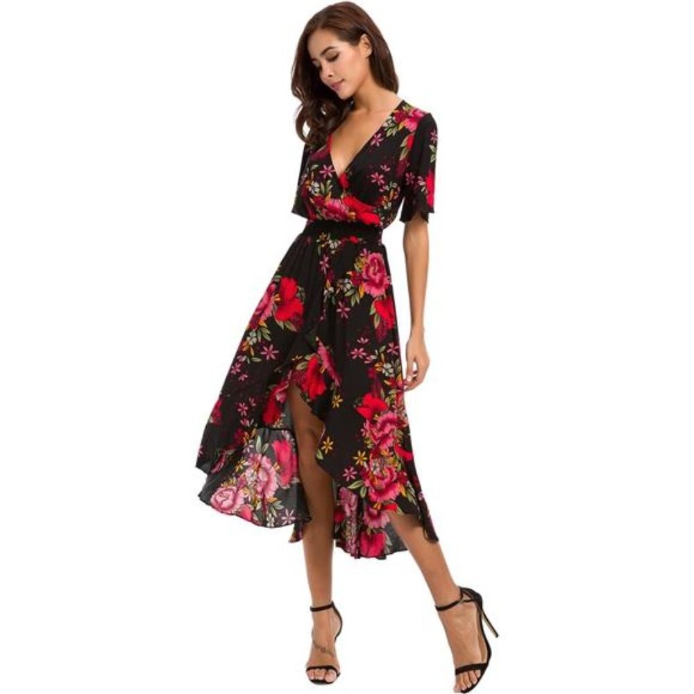 Black Floral Print High Low V-Neck Flowy A-Line Short Sleeve‎ Long Midi Dress - Picture 5 of 6